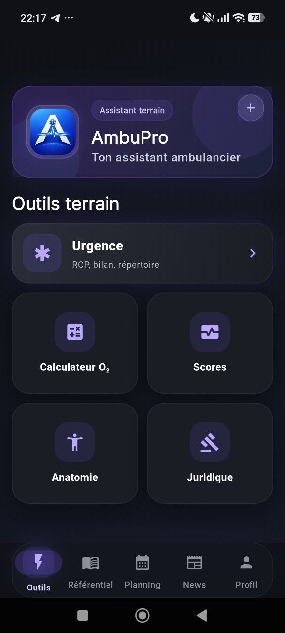 Écran d'accueil Outils terrain AmbuPro